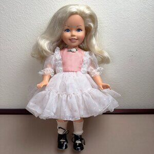 Vintage 1984 Tomy Gettin Fancy Kimberly Doll 16" Blonde, Party Dress Black Shoes
